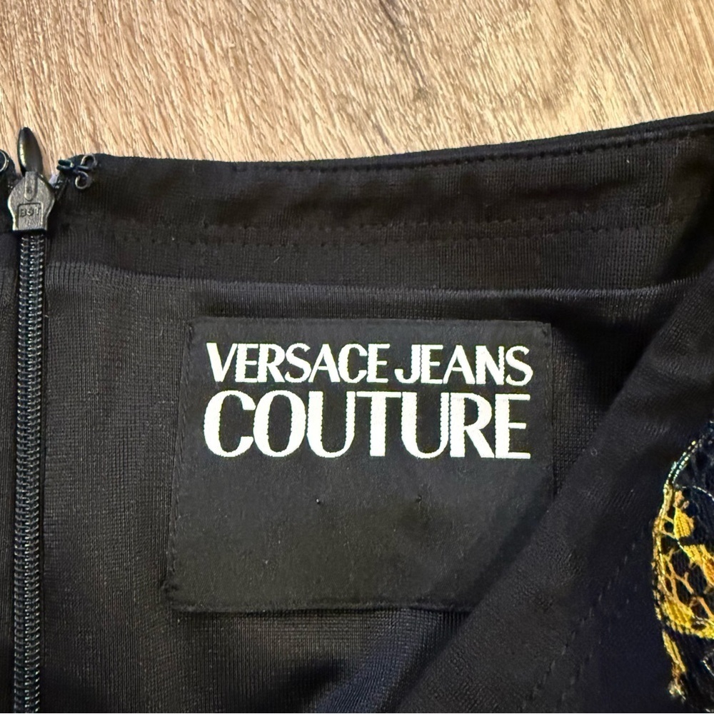 Versace Jeans Couture Midi Dress Women’s 4 Black Gold Puff Sleeves Bodycon Luxe - Picture 5 of 13